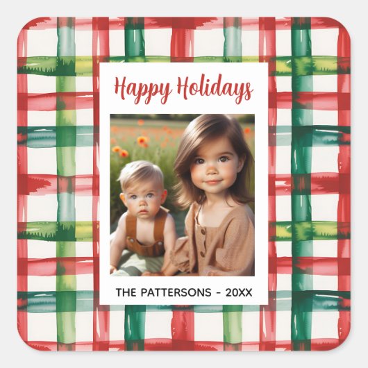 Custom Happy Holidays Fun Plaid Red Green Photo Quadratischer Aufkleber (Vorderseite)
