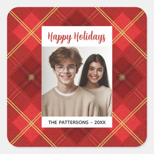 Custom Happy Holidays Fun Plaid Red Green Photo Quadratischer Aufkleber (Vorderseite)