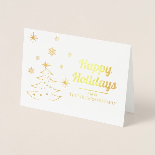 Custom Happy Holidays mit Baum und Schneeflocken Folienkarte (Vorderseite)