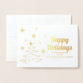Custom Happy Holidays mit Baum und Schneeflocken Folienkarte (Vorderseite mit Umschlag)