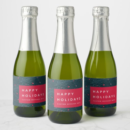 Custom Happy Holidays Spruce Berries Modern Red Schaumweinetikett (Flaschen)