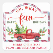 Custom, Happy Holidays, Vintager Red Truck Quadratischer Aufkleber (Vorderseite)
