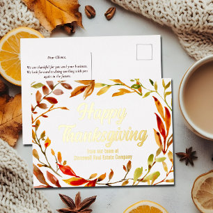 Custom Happy Thanksgiving Herbstlaubs Company Gold Folien Feiertagspostkarte