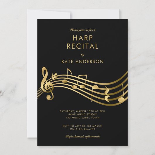 Custom Harp Erwägung Gold Musiknoten Black Einladung (Vorderseite)