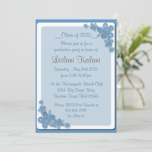 Custom Hawaii Blue Hibiskus Graduierung Einladunge Einladung (Stehend Vorderseite)