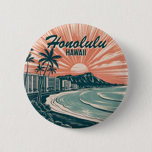 Custom Hawaii Honolulu Waikiki Beach Retro Travel Button (Vorderseite)