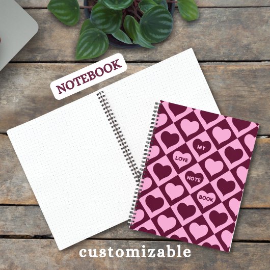 Custom Heart Checkerboard Pattern Bordeaux Pink -  Notizblock