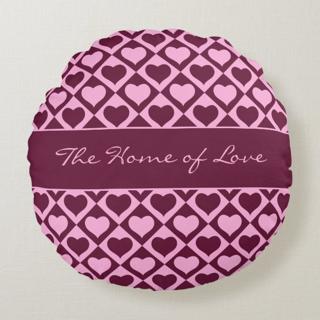 Custom Heart Checkerboard Pattern Bordeaux Pink -  Rundes Kissen (Vorderseite)
