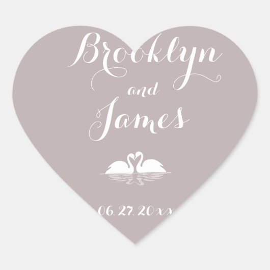 Custom Heart Elegant Gray Wedding Stickers Swans (Vorderseite)