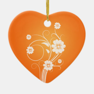 Custom Heart Ornaments White Flowers On Orange Keramikornament