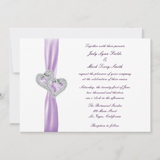 Custom Hearts Lavender Ribbon Hochzeitseinladung Einladung (Vorderseite)