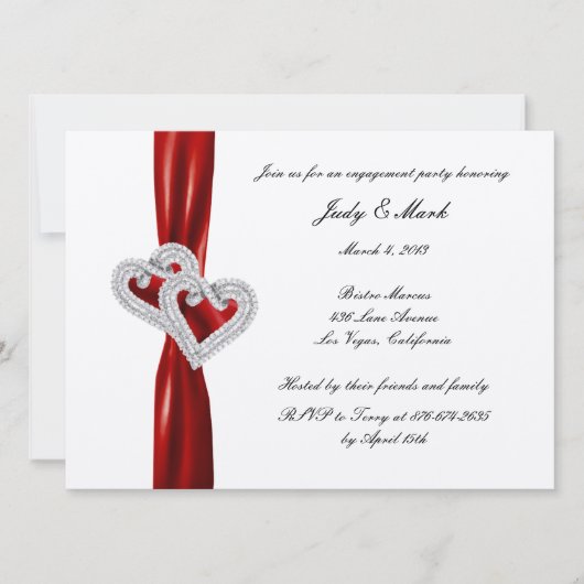 Custom Hearts Red Ribbon Engagement Party einladen Einladung (Vorderseite)