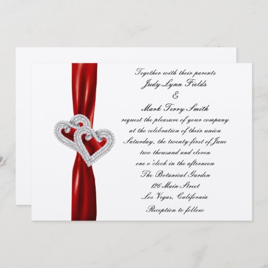 Custom Hearts Red Ribbon Wedding Einladung (Vorne/Hinten)