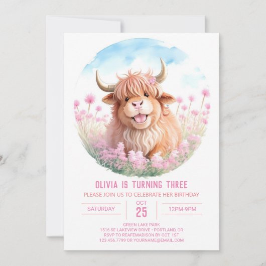 Custom Highland Cow Watercolor Girl Birthday Einladung (Vorderseite)