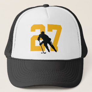 Custom Hockey Player Number Black und Gold Yellow Truckerkappe