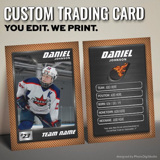 Custom Hockey Trading Card, Orange Graphite Player Telefonnummerkarte