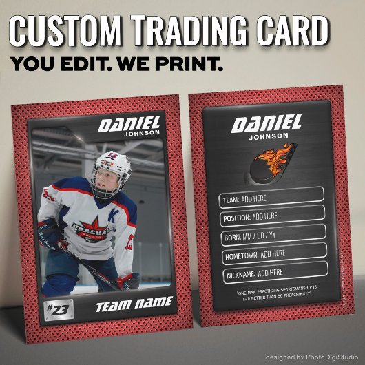 Custom Hockey Trading Card, Red Graphite Player Telefonnummerkarte