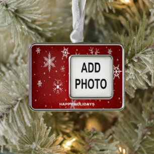 Custom Holiday Foto Weiße Schneeflocken Rot Rahmen-Ornament Silber