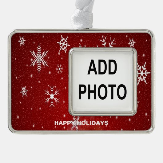 Custom Holiday Foto Weiße Schneeflocken Rot Rahmen-Ornament Silber (Vorderseite)