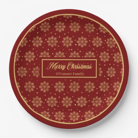 Custom Holiday Paper Plates Red Gold Monogram Pappteller (Vorderseite)