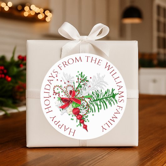 Custom Holiday Red White Candy Cane Green Foliage Runder Aufkleber