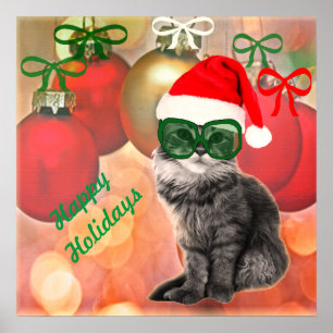 Custom Holiday santa claus cat mit Brillen Poster