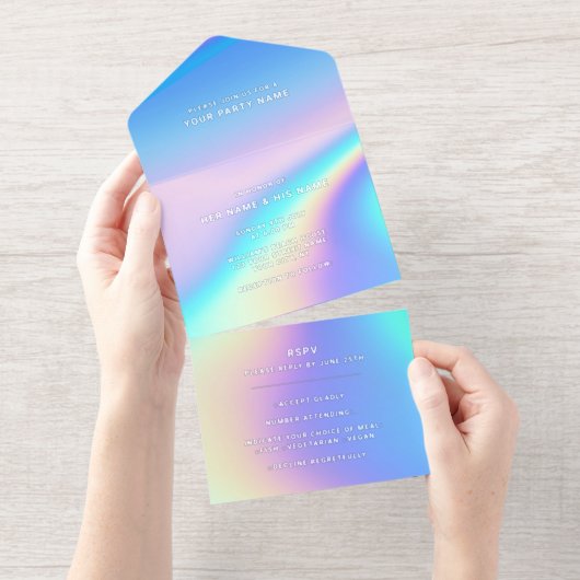 Custom Holographic Modern Elegante Foil All-in-One-Einladung (Abreißstreifen)