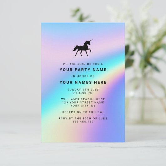 Custom Holographic Modern Elegante Unicorn Party Einladung (Stehend Vorderseite)