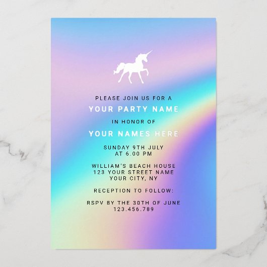 Custom Holographic Modern Elegante Unicorn Party Folieneinladung (Vorderseite)