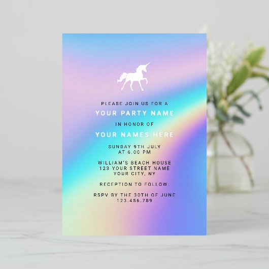 Custom Holographic Modern Elegante Unicorn Party Folieneinladung (Stehend vorne)