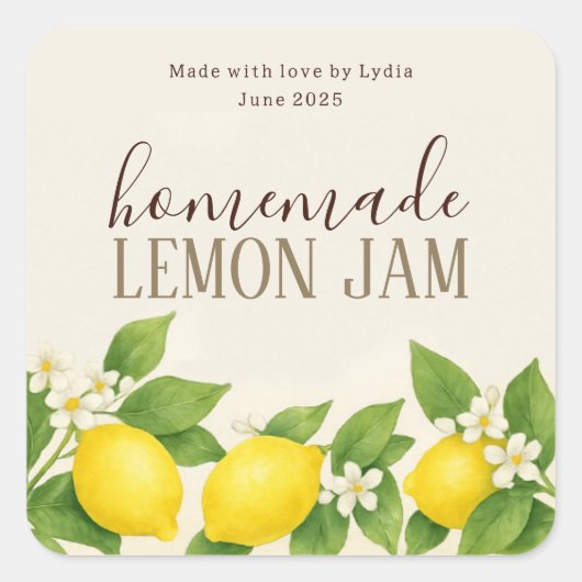 Custom Homemade Lemon Jam Label Quadratischer Aufkleber (Vorderseite)