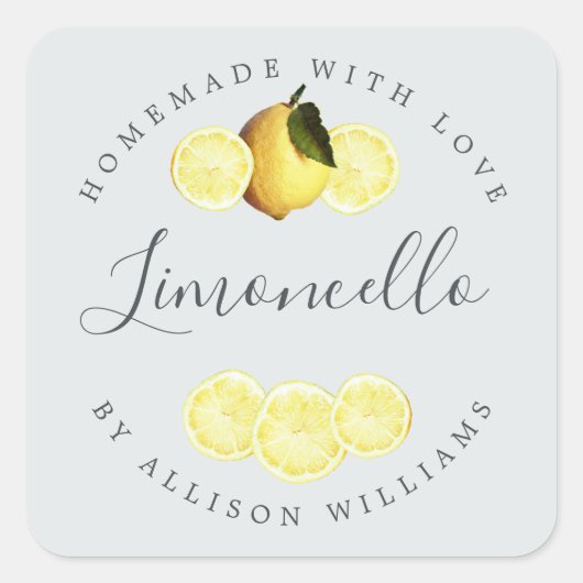 Custom Homemade Limoncello Label Blau Quadratischer Aufkleber (Vorderseite)