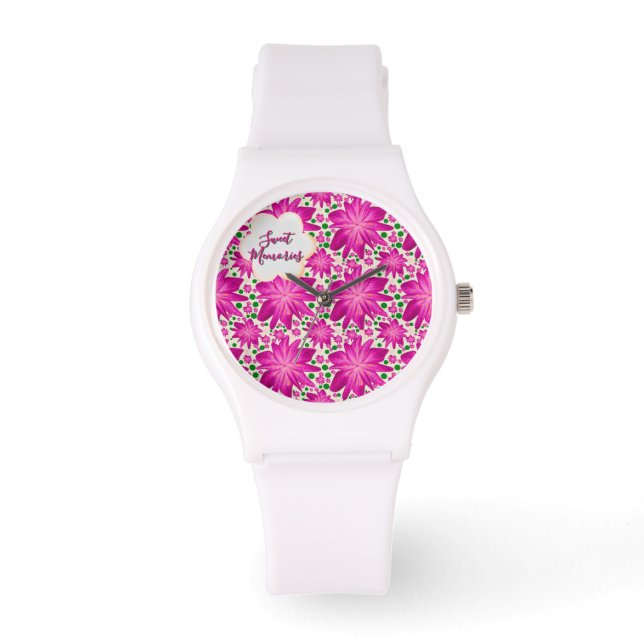 Custom Hot Pink Floral Seamless Pattern  Armbanduhr (Vorderseite)