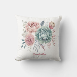 Custom Hübsch Watercolor Dusty Blue Pink Floral Kissen