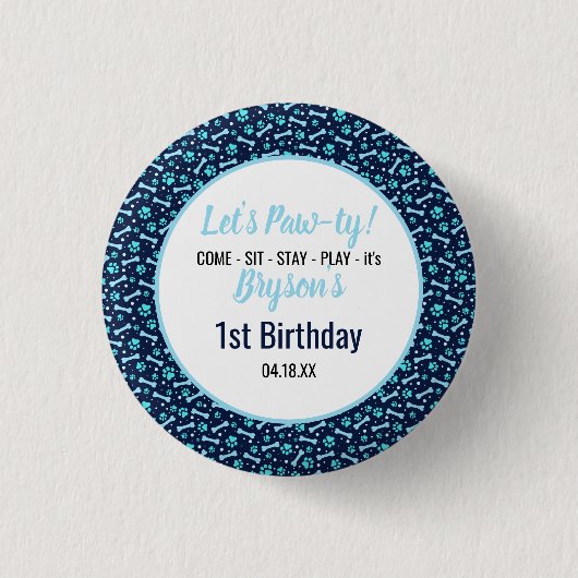Custom Hund Birthday Blue Paw Print Puppy Pet Button (Vorderseite)
