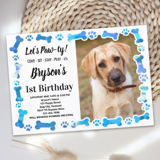 Custom Hund Birthday Blue Paw Print Puppy Pet Foto Einladung