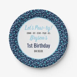 Custom Hund Birthday Blue Paw Print Puppy Pet Pappteller