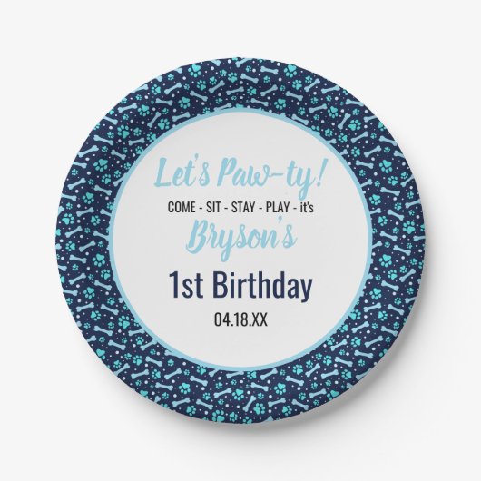 Custom Hund Birthday Blue Paw Print Puppy Pet Pappteller (Vorderseite)