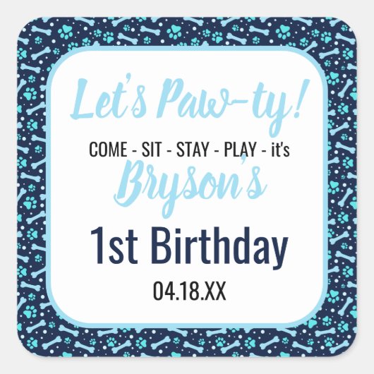 Custom Hund Birthday Blue Paw Print Puppy Pet Quadratischer Aufkleber (Vorderseite)