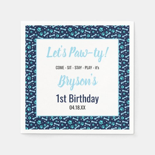 Custom Hund Birthday Blue Paw Print Puppy Pet Serviette (Vorderseite)