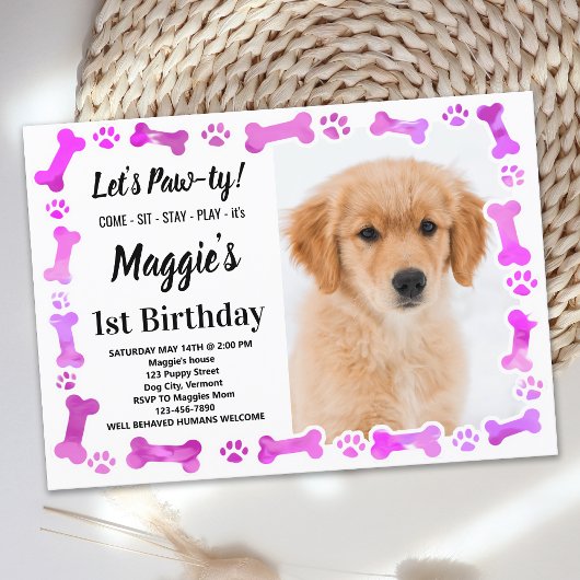 Custom Hund Birthday Pink Paw Prints Pet Foto Einladung