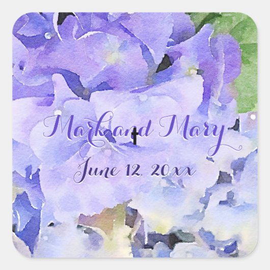 Custom Hydrangea Wedding Blue Lilac Quadratischer Aufkleber (Vorderseite)