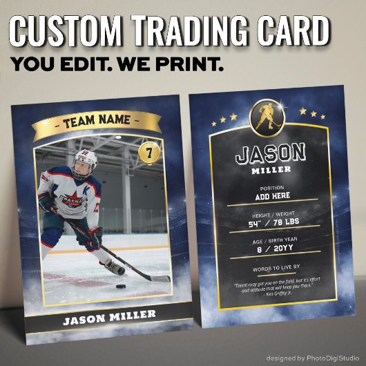 Custom Ice Hockey Trading Card Blue Gold Stadium Telefonnummerkarte