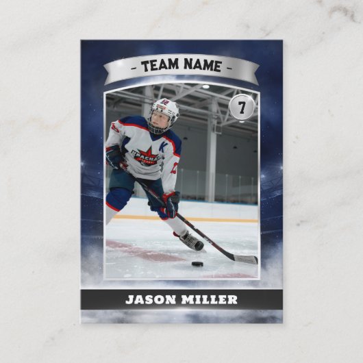 Custom Ice Hockey Trading Card Blue Silver Stadium Telefonnummerkarte (Vorderseite)
