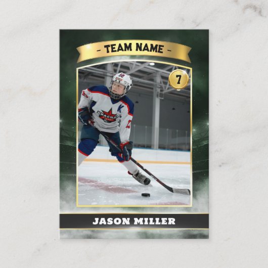Custom Ice Hockey Trading Card Green Gold Stadium Telefonnummerkarte (Vorderseite)