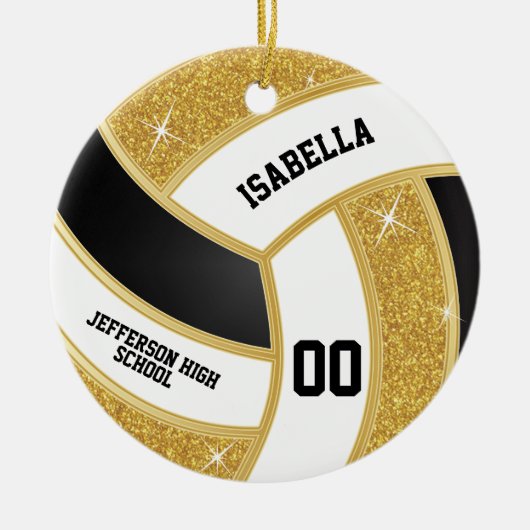 Custom Imitats Gold Glitzer, White & Black Volleyb Keramik Ornament (Vorne)
