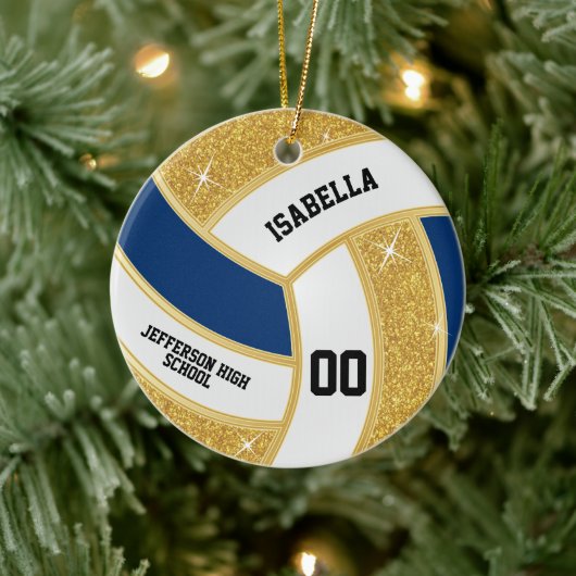 Custom Imitats Gold Glitzer, White & Blue Volleyba Keramik Ornament (Baum)