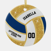 Custom Imitats Gold Glitzer, White & Blue Volleyba Keramik Ornament (Vorne)