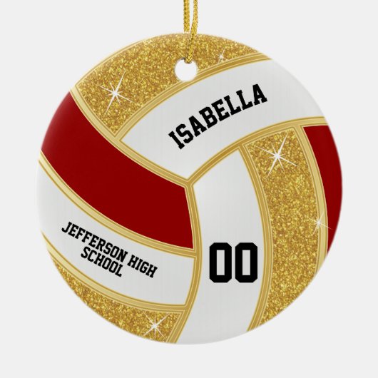 Custom Imitats Gold Glitzer, White & Red Volleybal Keramik Ornament (Vorne)