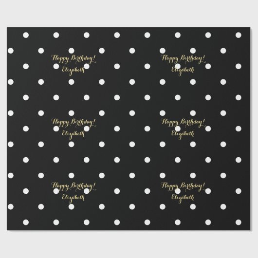 Custom Imitats Gold Script Black und White Polka D Geschenkpapier (Flach)